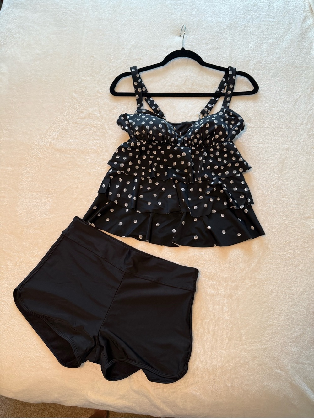 Black Polka Dot Ruffled Tankini Top with Black Swim Shorts